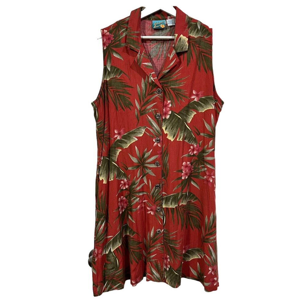 Bahama Beach‎ Size 14 Shirt Dress Red Floral Print Button Up Sleeveless Women’s